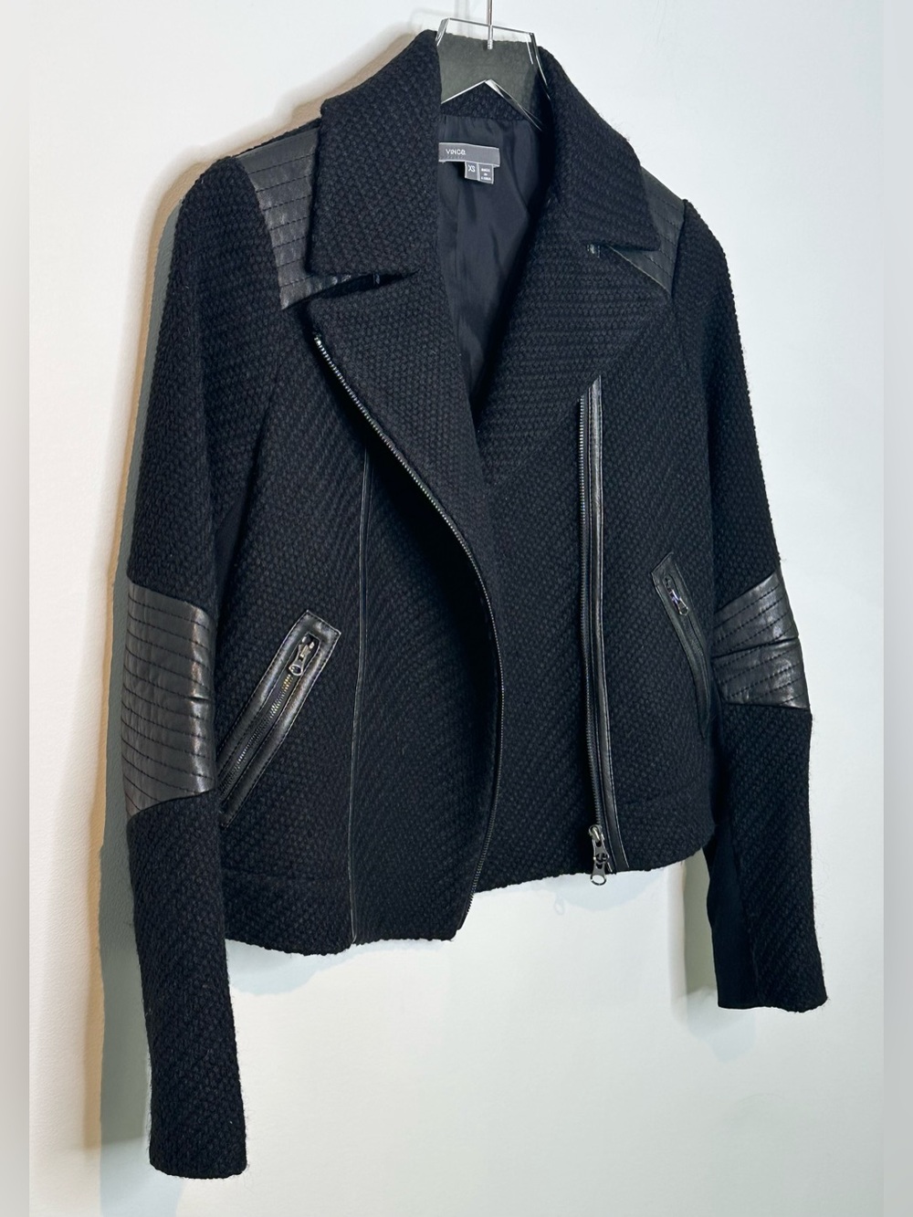 Vince Black Moto Wool Quilted Leather Trim Jacket - Picture 6 of 16